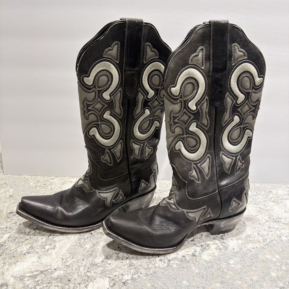JB Dillon Embroidered Horseshoe Cowboy Boots Black Leather Womens 8B JBRP4062B